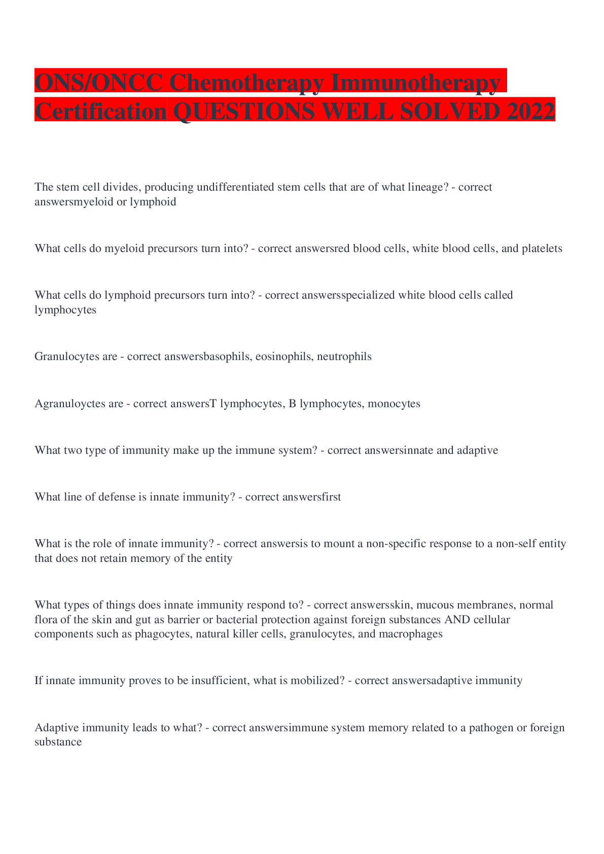 Preview image for ONS/ONCC Chemotherapy Immunotherapy Certification QUESTIONS WELL SOLVED 2022